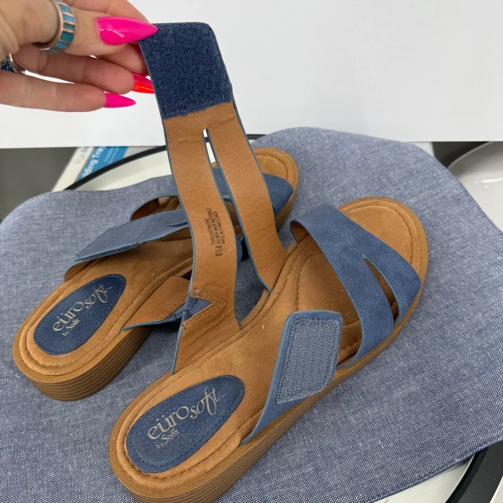 Eurosoft Nadine Blue Suede Slide Sandals Womens 8.5 Criss Cross Leather Slip On